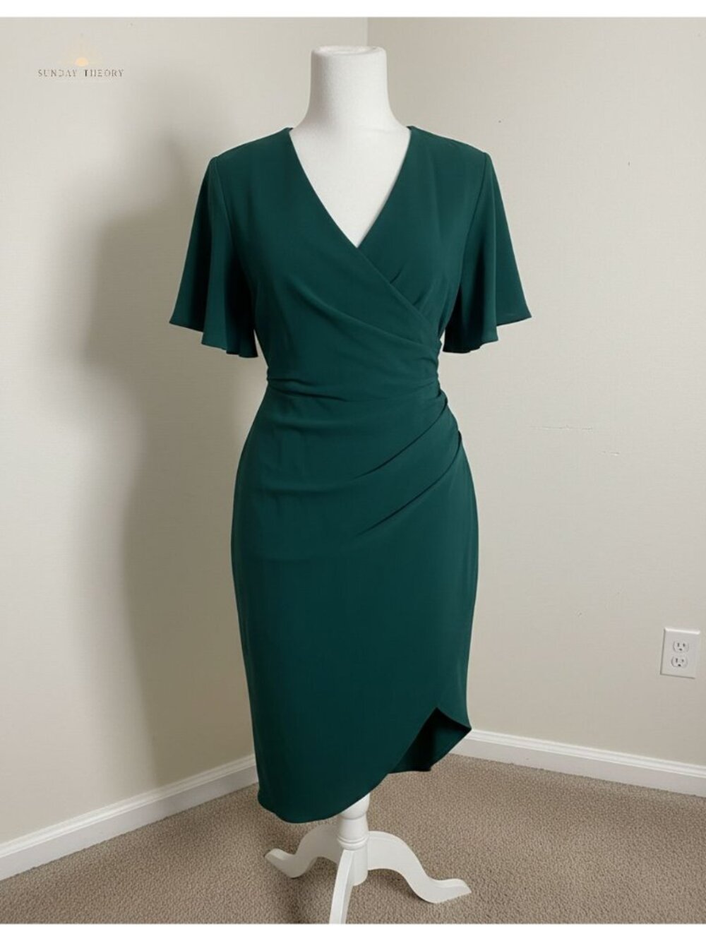 Women's Wrap V Neck Ruch Midi Dress Flutter Sleeve Asymmetrical Hem Cocktail